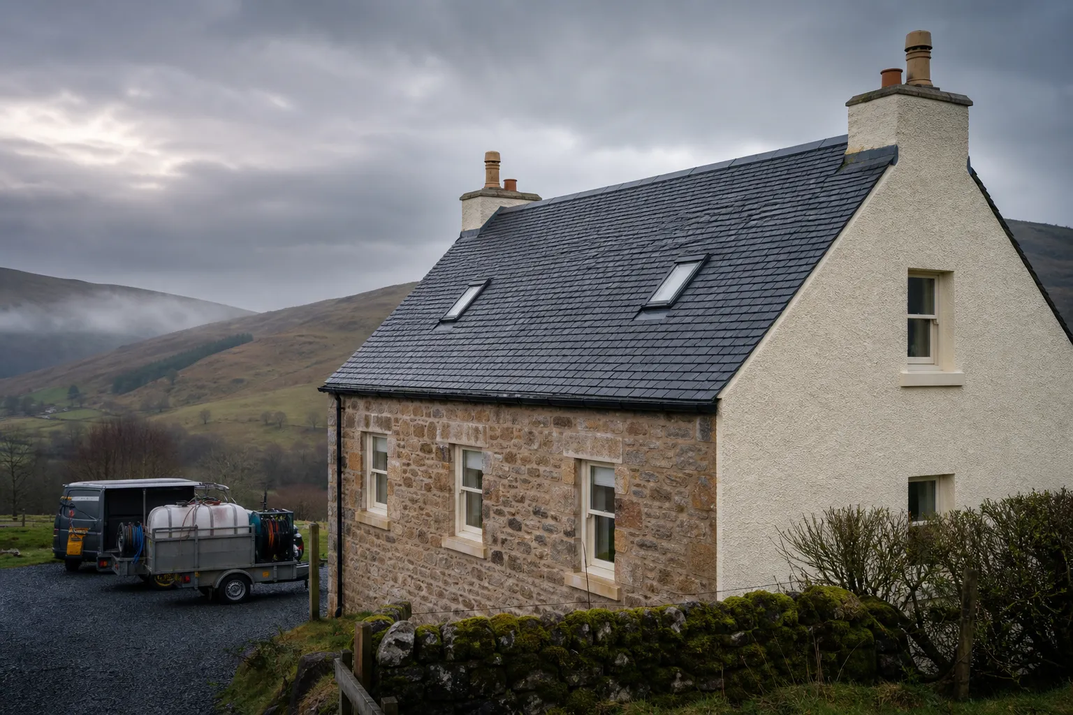 Freshly cleaned Scottish stone property with a slate roof